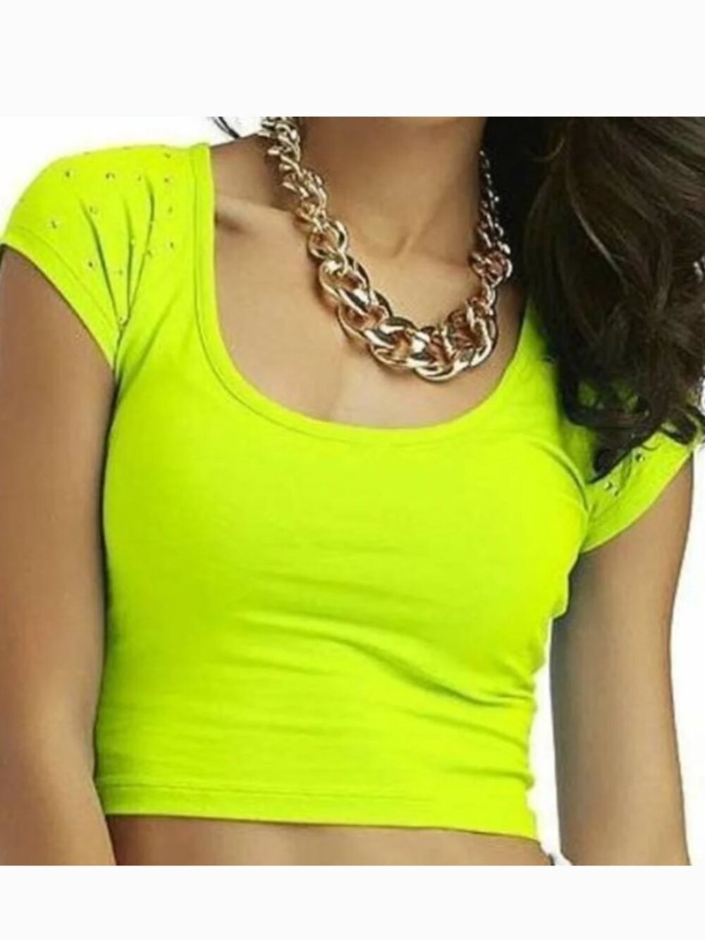 Nicki Minaj Crop Top Jr L Yellow Studded Cutout Cap Sleeve Scoop Neck Teen Girls